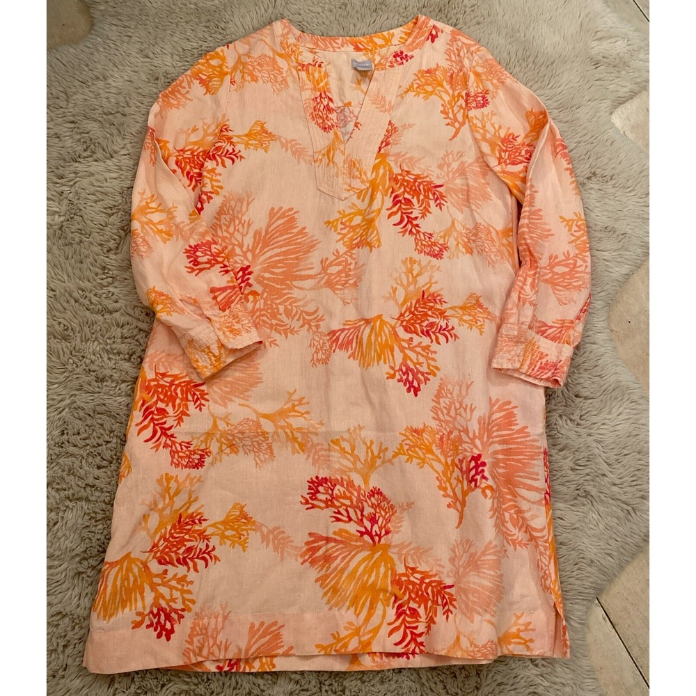 Chico's Womens 2 Trapunto Short Dress Coral Linen Paradise Lily Split Neck Shift
